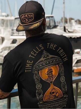 Men's Black Graphic Tee “Time Tells The Truth” with Gold Hourglass Print